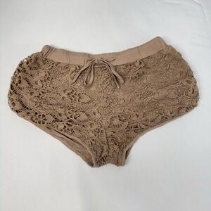 POL Women's‎ Embroidered Floral Open Knit Crochet Micro Shorts Small Beige